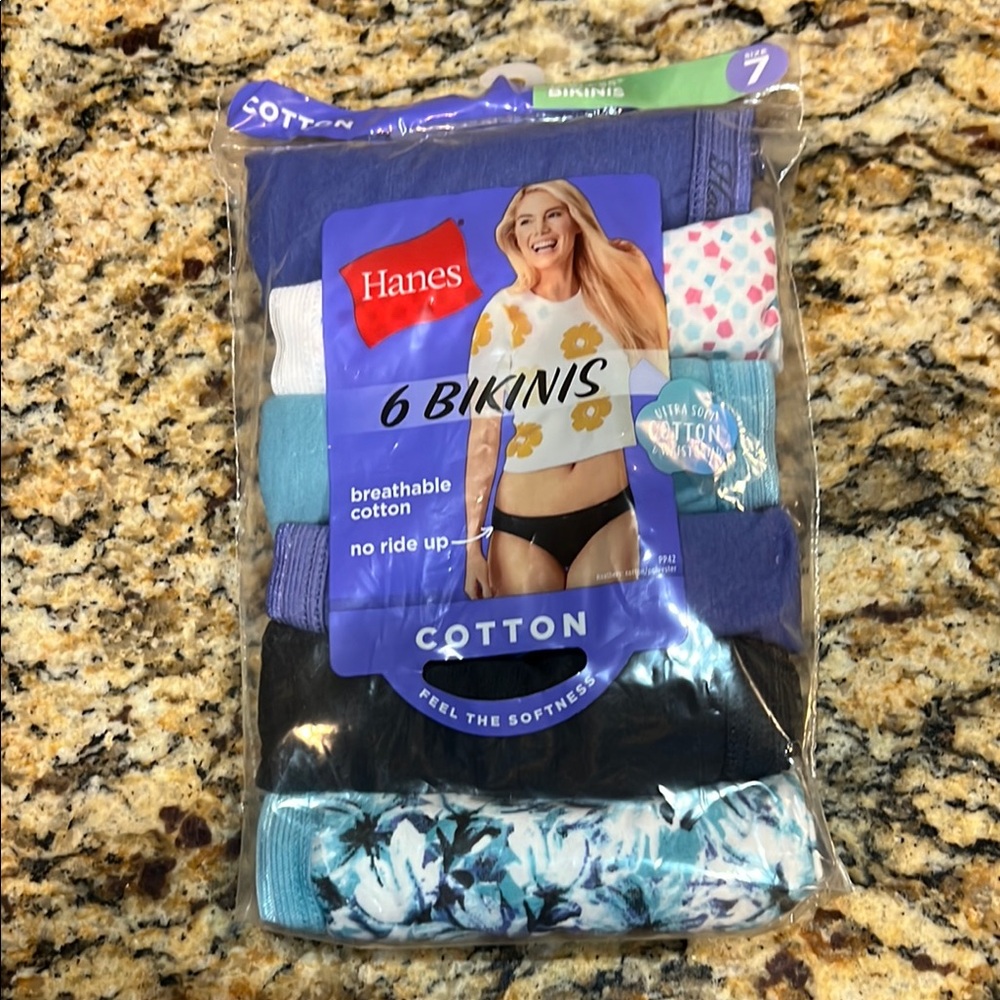 Hanes Women's 6-Pack Cotton Tagless Bikinis- - size 7/L- Assorted Colors- NEW